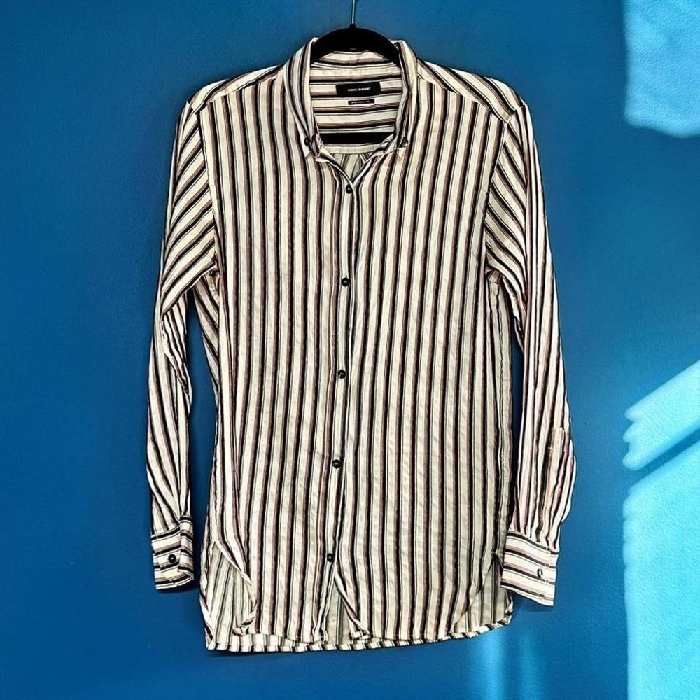 Isabel Marant Striped Shirt Men's Size Small Red Black Cream Silk Blend Collared